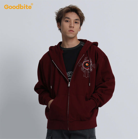 Goodbite A zip-up hoodie with animated emojis