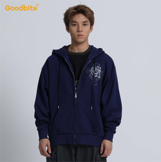 Goodbite A zip-up hoodie with animated emojis