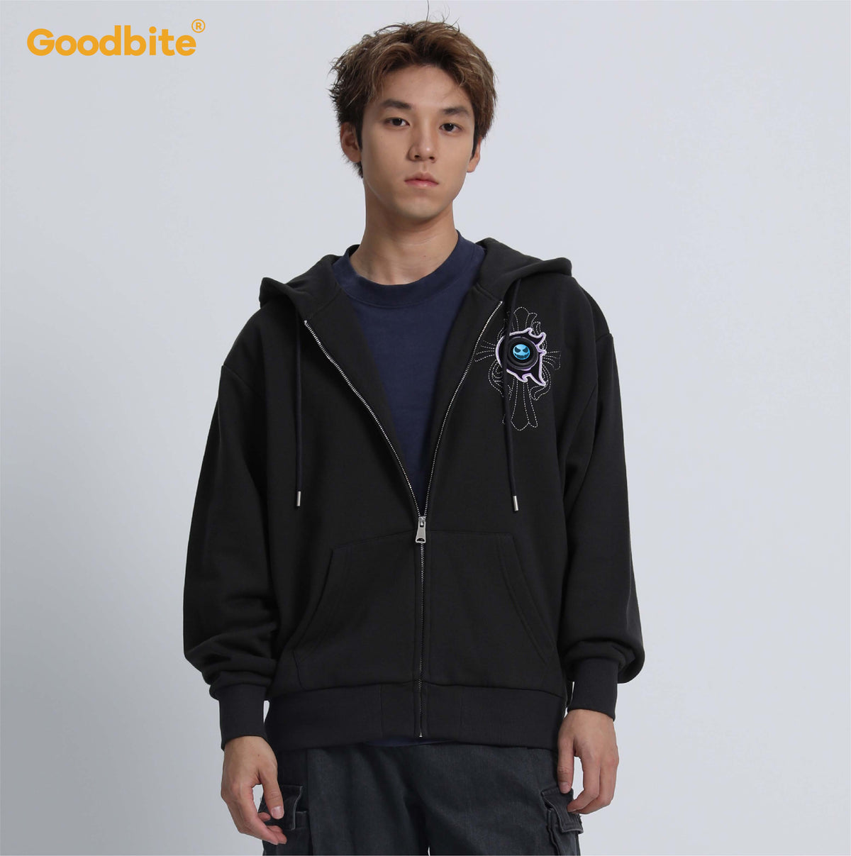 Goodbite A zip-up hoodie with animated emojis