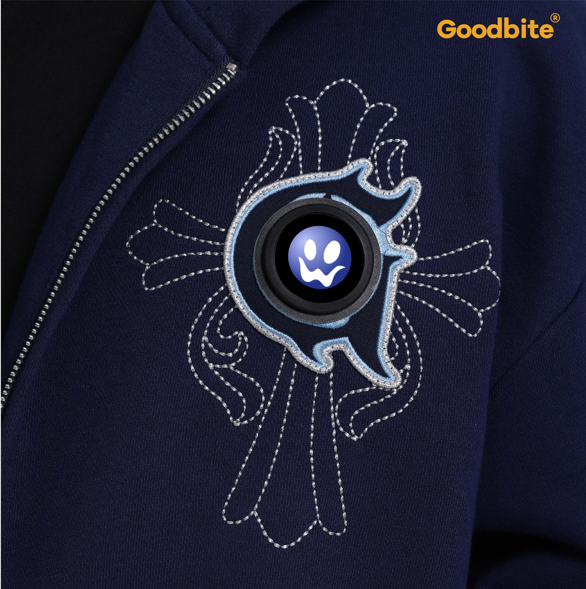 Goodbite A zip-up hoodie with animated emojis
