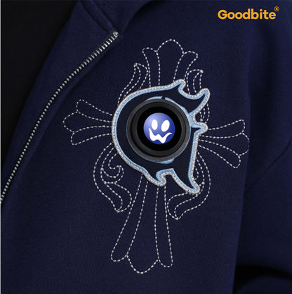 Goodbite A zip-up hoodie with animated emojis