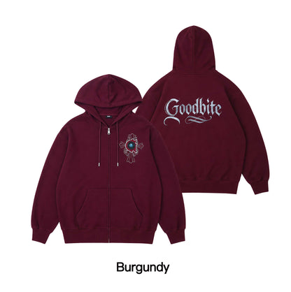 Goodbite A zip-up hoodie with animated emojis