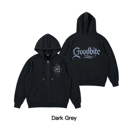 Goodbite A zip-up hoodie with animated emojis
